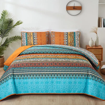 Роскошный богемный полоски королевский размер покрывало комплект 3шт лоскутное одеяло покрывало кровать наволочка - Изображение 1 из 4