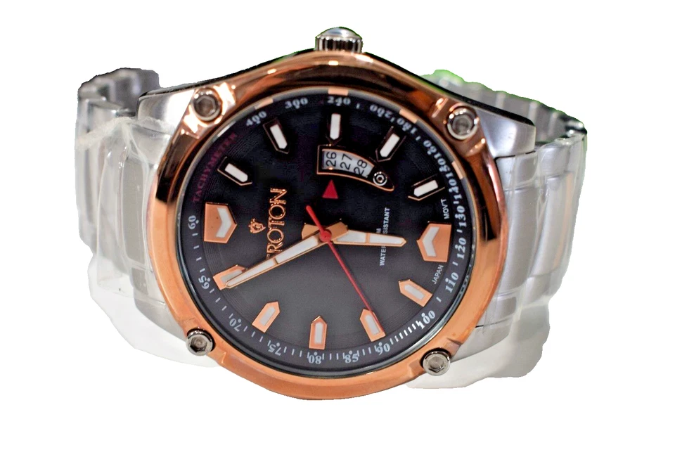 Reloj pulsera Croton para hombre de acero inoxidable con detalles en tono oro rosa esfera negra Foto 1 de 1