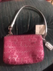 COACH Mini Signature Optic Lurex Raspberry Pink Silver Wristlet VHTF rare - Picture 1 of 6