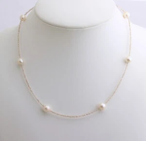 Zirconia Cadena Con Akoya Perlas Blanco Crema Redondo Noble Collar 925 Plata - Picture 1 of 3