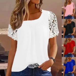 Womens Summer Tee T-Shirts Blouse Lace Short Sleeve Tops Pullover Plus Size 8-26 - Picture 1 of 19