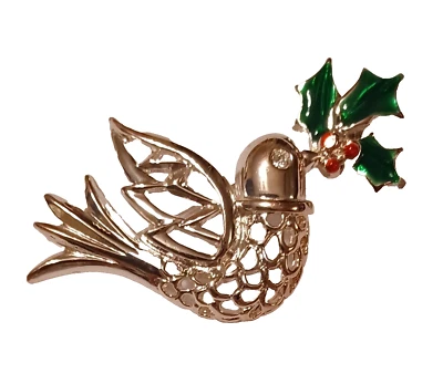 Vintage Christmas Dove Bird Brooch Pin Holiday Green Red Mistletoe Silver Tone - Image 1 of 3