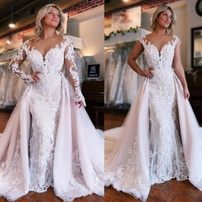 Vestidos de novia de sirena con tren desmontable mangas largas cuello en V vestidos de novia Foto 1 de 4