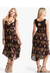 Free People Women XS All Wrapped Up Black Ikat Dress Boho Fall Hippie Festival K - Picture 1 of 11