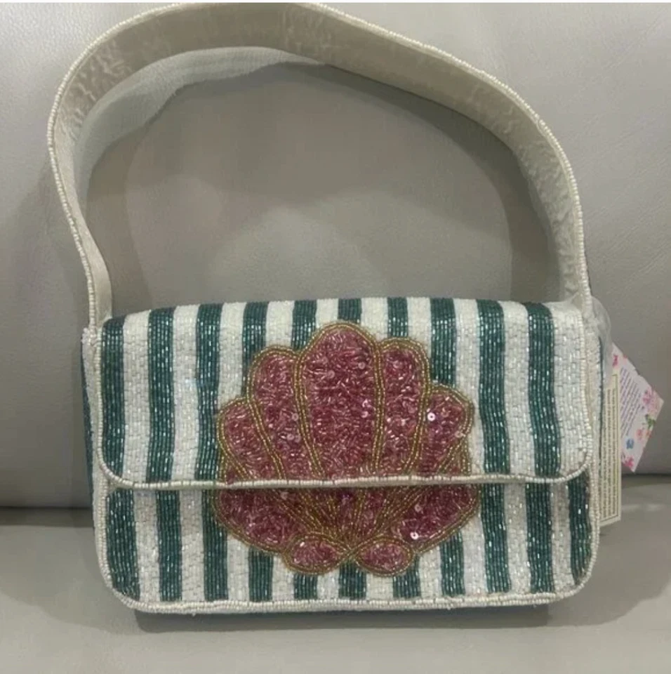 Tik Tok Viral Beaded Handcrafted India Striped Shoulder Seashell Design Bag NWT - Image 1 of 1