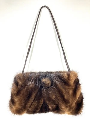 VTG RARE Paola Del Lungo Mink Fur Brown Leather Strap Bag In Italy Handbag Purse - Image 1 of 4