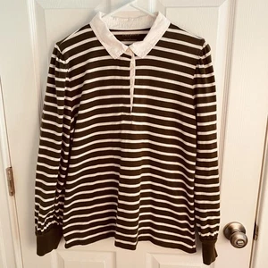 Polo Talbots Mujer Grande Verde Blanco Rayas Manga Larga Cuello Rugby - Imagen 1 de 6