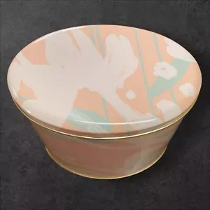 Empty Tin Container Oval Floral Pastel Peach Aqua 6x4.5x5 Made in England - Picture 1 of 9