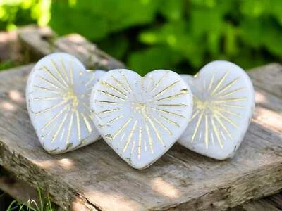 22mm Golden Bronze Washed White Opal Czech Glass Heart Beads 4 Beads - Image 1 of 4