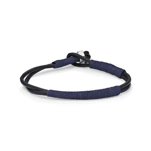 Beige Cord Wrapped Thin Smooth Dual Band Genuine Leather Bracelet - 6 MM Width, - Picture 1 of 15