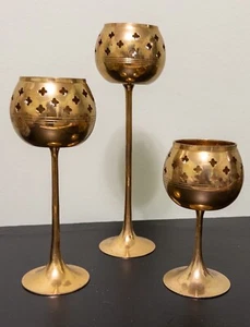 Vtg Cutout Brass Candle Holders Set,  10”, 7.5”, 5.5” tall, Tea Lights Included - Picture 1 of 17