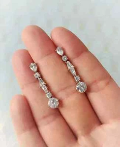 3 Ct Round Cut Simulated Diamond Women Drop/Dangle Earring 14k White Gold Plated - Picture 1 of 10