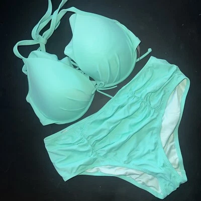 NUEVO CON ETIQUETAS Victoria's Secret 32DD BIKINI S cintura alta parte inferior acanalada SEAFOAM verde menta Foto 1 de 3