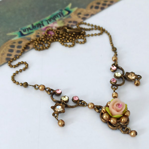 Michal Negrin Necklace Rose 3D Bib Dainty Delicate Pink With Swarovski Crystals