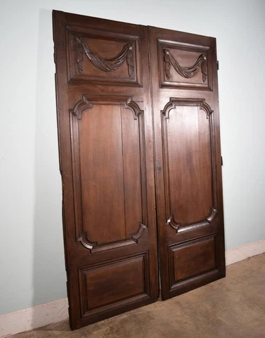 *92" Tall Pair of Antique French Solid Oak Wood Doors With Carvings Cover