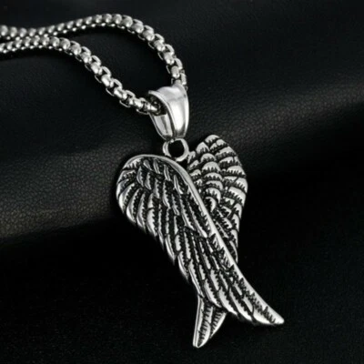Silver Angel Wings Feather Pendant Necklace Punk Biker Jewelry Men Women 24" - Image 1 of 4