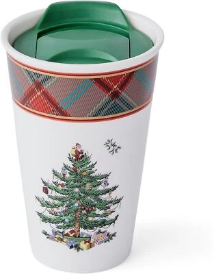Spode Christmas Tree Tartan Travel Mug | Coffee Mug with Lid - 8 Oz
