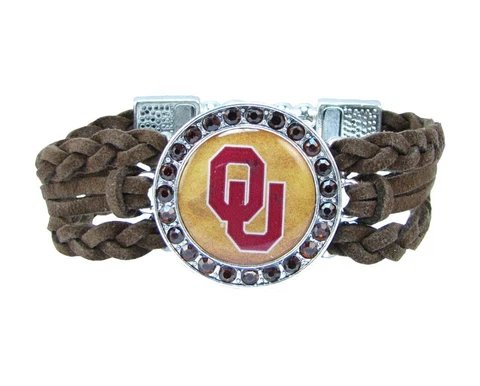 Oklahoma Sooners Braided Brown Leather Crystal Bracelet Jewelry Red OU Gift Cover