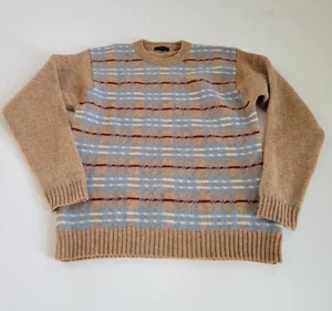 Natural Blue 100% Wool Sweater Tan Large Plaid Size Large Unisex EUC Crew Neck - Picture 1 of 9
