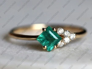Genuine Princess Emerald & Diamond Promise Band Ring In 925 Sterling Silver - Picture 1 of 5