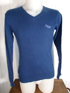 Pull maille coton/laine bleu JAPAN RAGS S/M 48 logo brodé col V coupe slim - Picture 1 of 5