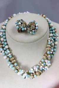 Juego de Collares y Pendientes Vintage Azul, Blanco Plata y Oro Japón 48" - 6909 - Imagen 1 de 8