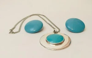 Vintage Mid Century Art Modern Türkis & Silber Anhänger & Clip Ohrringe Set - Bild 1 von 4