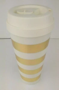 Kate Spade New York Plastic travel Tumbler Gold & Off White/Cream Striped 12 OZ - Picture 1 of 7