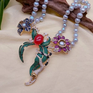 2 Strands  8-9mm Gray Pearl Necklace Big Cz Pave Flower Pendant  Necklaces - Picture 1 of 6