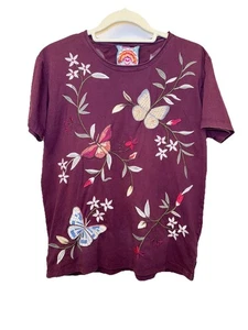 Camiseta Johnny Was Para Mujer PEQUEÑA Granate Bordada Mariposa Floral Algodón - Imagen 1 de 13