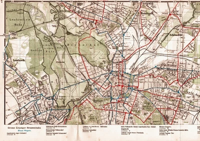 +Leipzig 1910+ Histor. Plan (nördlicher Teil) mit Liniennetz (Rote/Blaue Linie) - Bild 1 von 4