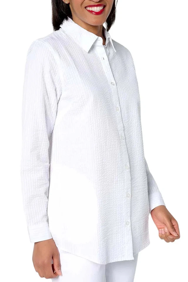 Camisa Joan Rivers Seersucker Botón Frontal Blanca Sólida Foto 1 de 1