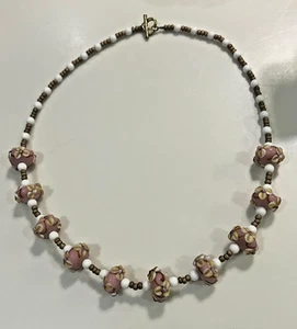 Handmade Pink Lampwork Glass Bead Necklace Heart Toggle Clasp Floral Boho 23.5" - Picture 1 of 12