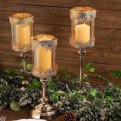 3 ANTIQUE GOLD Lace Design Metal Glass Votive CANDLE HOLDERS Centerpieces Party - Image 1 of 4