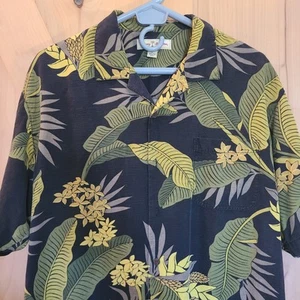 Tommy Bahama Men's L Silk Hawaiian Shirt, Black Yellow Print, Casual Shirt - Picture 1 of 5