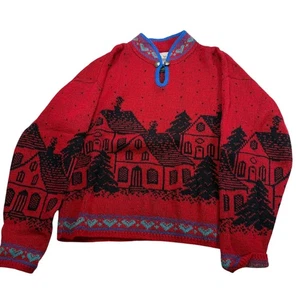 Suéter Vintage Alpes Damas XL 100% Lana Rojo Negro Ciudad Invierno Escena - Imagen 1 de 6
