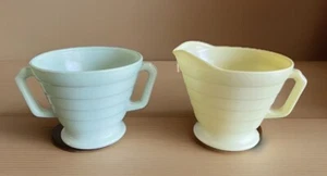 Vintage 1960s Hazel Atlas Glass Sugar Creamer Yellow Green Tea Coffee Retro Set - Picture 1 of 9