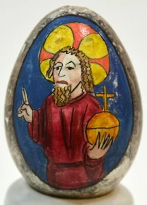 Uovo di Pasqua, Salvatore Mundi, Gesù Cristo benedicente con sfera a croce, dipinto a mano, XIX secolo - Foto 1 di 5