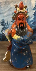 Vtg Chinese Red Face Guan Yu Gong Warrior Hand Painted Porcelain Figurine Statue - Picture 1 of 6