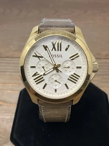 Fossil Watch Cecile 3 Dials Gold Bezel Gingerbread Brown Leather Band New Batery - Picture 1 of 14