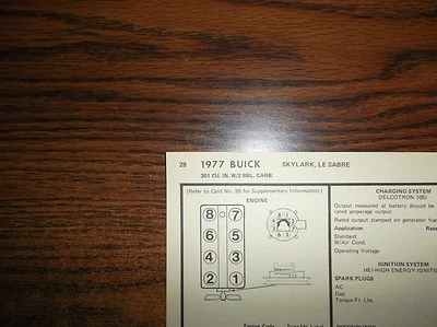 1977 Buick Skylark & LeSabre EIGHT Series Models 301 CI V8 2BBL Tune Up Chart - Image 1 of 4