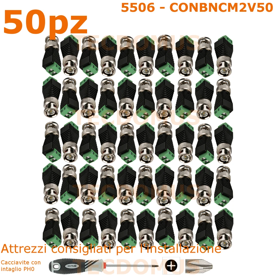 50 Pz Connettore BNC maschio 2 poli a vite per cavo coassiale RG59 e RG174 - Immagine 1 di 1