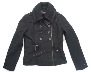 GUESS GEBRAUCHTE DAMEN M SCHWARZ TAILLIERT REISSVERSCHLUSS/KNÖPFE NIETEN GÜRTEL WOLLJACKE MOTO - Bild 1 von 9