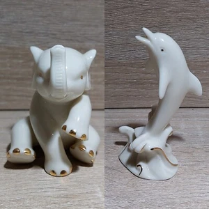 Juego de 2 estatuillas de porcelana de delfines y elefantes LENOX con adornos de oro de 24 quilates de colección años 70 - Imagen 1 de 13