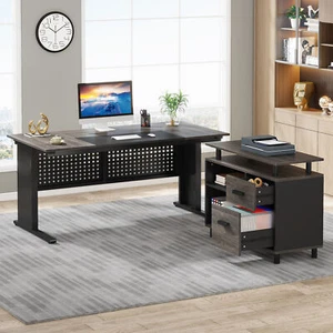 Industrial Executive Desk with File Cabinet, L Shaped Office Desk Workstation - Picture 1 of 24