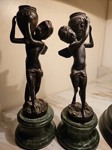Vintage Bronze & Marmor Amor Cherubs Kerzenständer Engelsflügel Neoklassizistisch - Bild 1 von 12