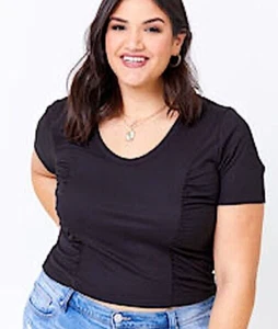 ARULA BLACK SHORT SLEEVE WOMENS TOP SCOOP NECK RIBBED ROUCHED CROPPED X XL - Picture 1 of 4