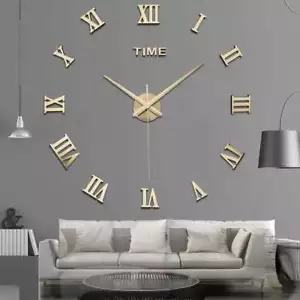 Mirror Surface Large Modern Wall Clock 3D DIY Roman Number Sticker Decor Clock - Picture 1 of 14