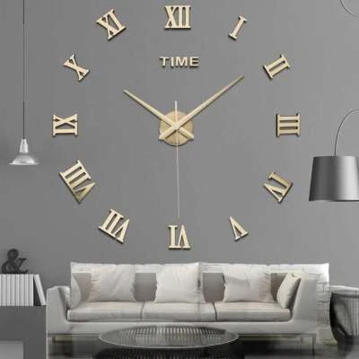 Mirror Surface Large Modern Wall Clock 3D DIY Roman Number Sticker Decor Clock - Image 1 of 4