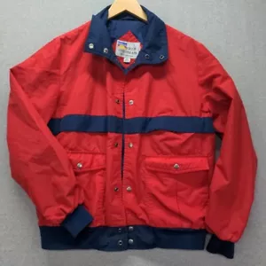Chaqueta De Colección Field & Stream L Roja Azul Marino Bolsillos Delanteros Broches Cortavientos Nylon *LEER - Imagen 1 de 18